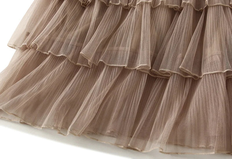 Beiyingni Woman Mesh Long Midi Cake Skirt Solid Color Elegant French Tiered Fairy Tulle Skirts Khaki Casual High Waist Faldas