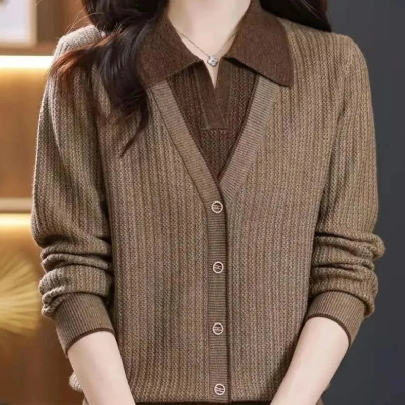 Gestrickte Frauen Top Lange Ärmeln Faux Zwei-Stück Pullover Frühling Herbst drehen-unten Kragen Modische Stilvolle Pullover Basis schicht Top.