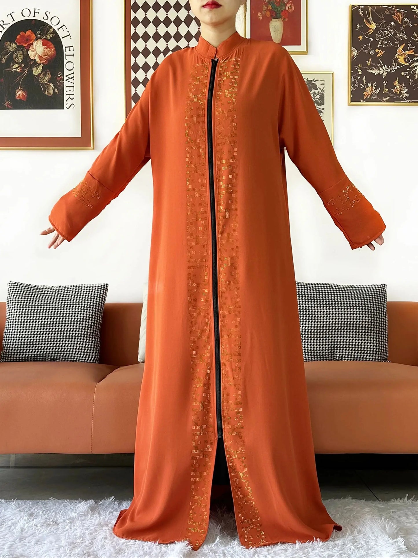 2024 Muslim Ramadan Tranditional Turtleneck Long Sleeve Dress Women Cardigan Open Abaya Dubai Caftan Islamic Kimono Clothes.