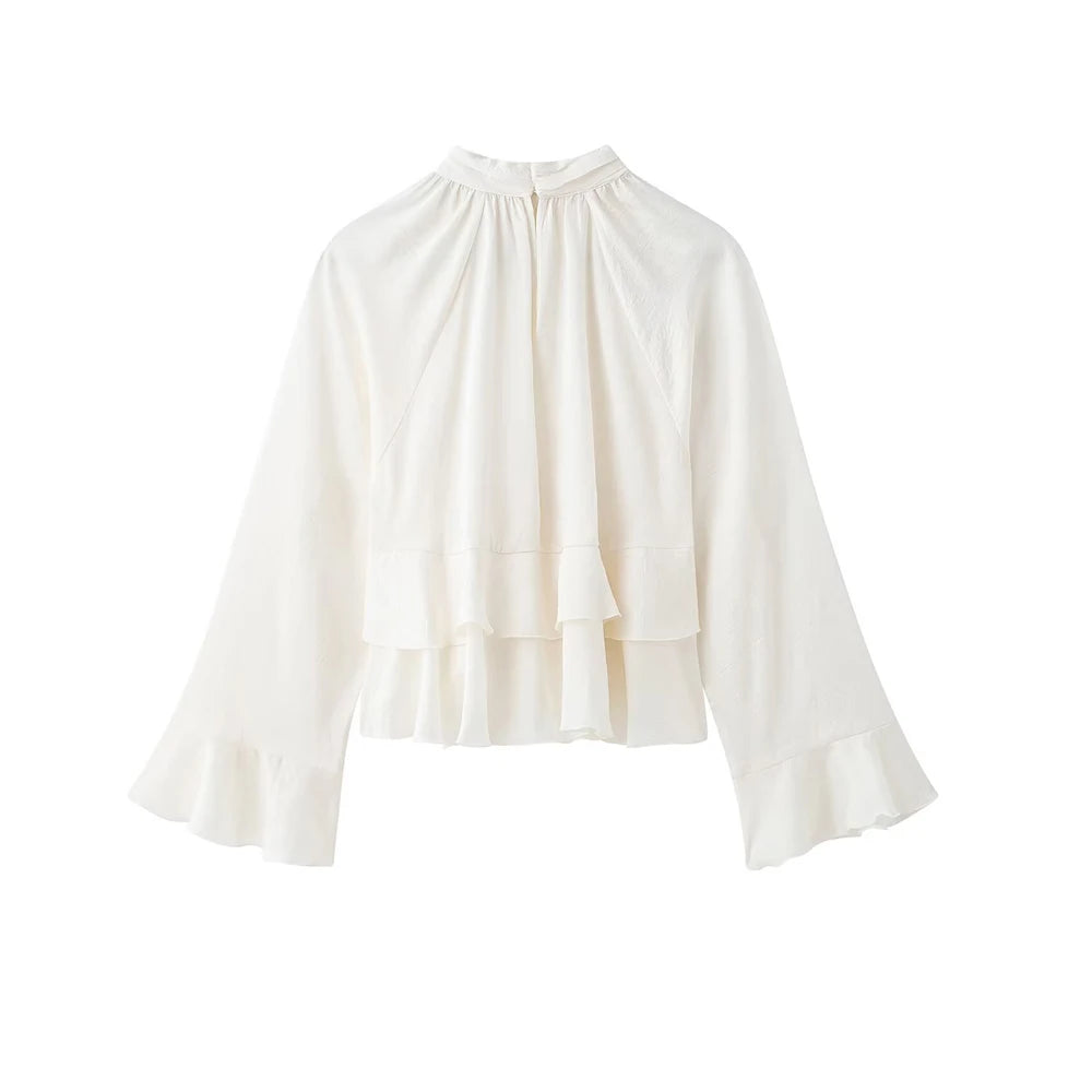 Women's Long Sleeve Ruffled Blouse Stand Collar Chic Fashion Top Elegant Female Shirt.