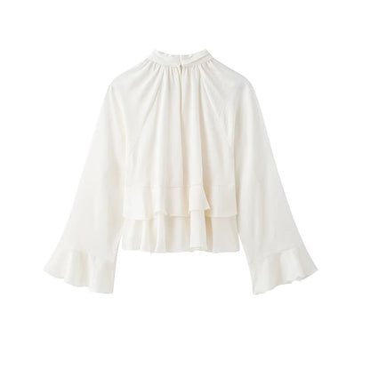 Women's Long Sleeve Ruffled Blouse Stand Collar Chic Fashion Top Elegant Female Shirt.