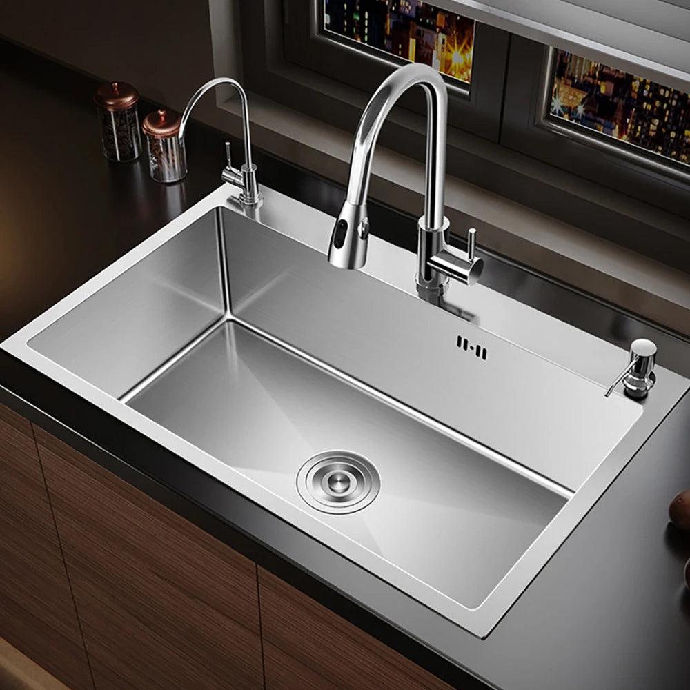 304 Stainless Steel Kitchen Sink Farmhouse Above Counter Undermounter Single Wash Basin with Gourmet Faucet Drain Accessories