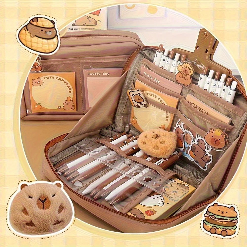 17-teiliges Capybara-Briefpapier-Set, süßes Capybara-Federmäppchen, mehrschichtige Schul-Bleistiftbox mit Aufklebern, Schlüsselanhänger, Brosche.