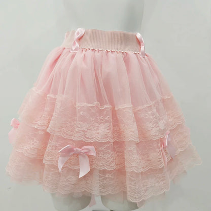Multilayered Lace Skirts for Sweet Girls Summer Ribbons Bows Decoration Elastic Waist Lolita Style White Skirt Kawaii Clothes.