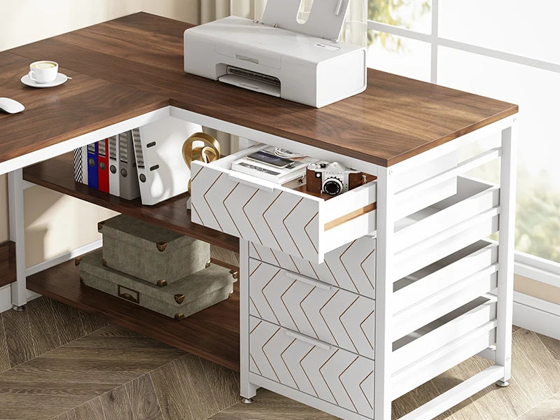 L-förmiger Computertisch mit Schubladen, 59-Zoll-Eckschreibtisch mit Regalen, Arbeitszimmer-Schreibtisch für das Heimbüro