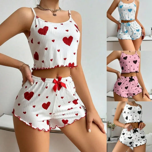 Zweiteiliges Set Sommer dünner Pyjama Homewear Set Polyester Freizeitanzug einfarbig Sling Shorts Damen.
