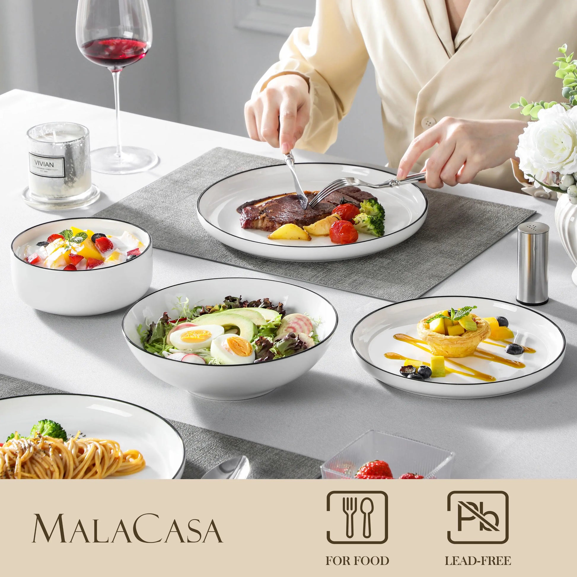 MALACASA 24/48Piece Ceramic Plates Black Rim Porcelain Dinnerware Set  6/12 Pcs Dinner/Soup/Dessert Plates/Bowl Service for 6/12.