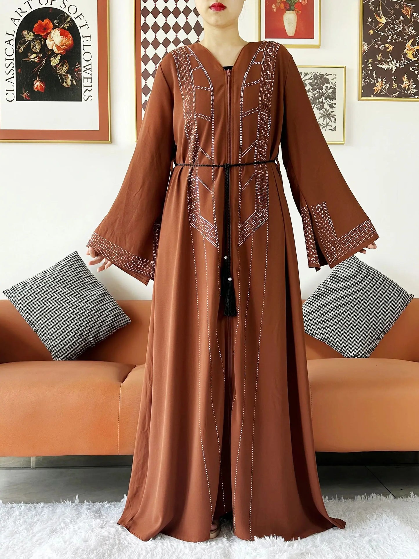 New Women Elegant Dress Chiffon Open Abaya with Zipper Muslim Women Dress Islamic Clothing Cardigan Abaya Women Muslim Dress