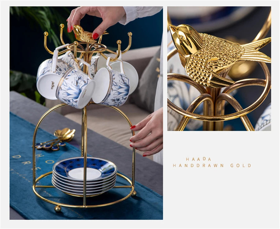 Elegant Cup and Saucer Set Bone China Sugar Jar Milk Jug Coffee Pot Set Cyan Magnolia Home English Mug Teaset Dessert Plate.