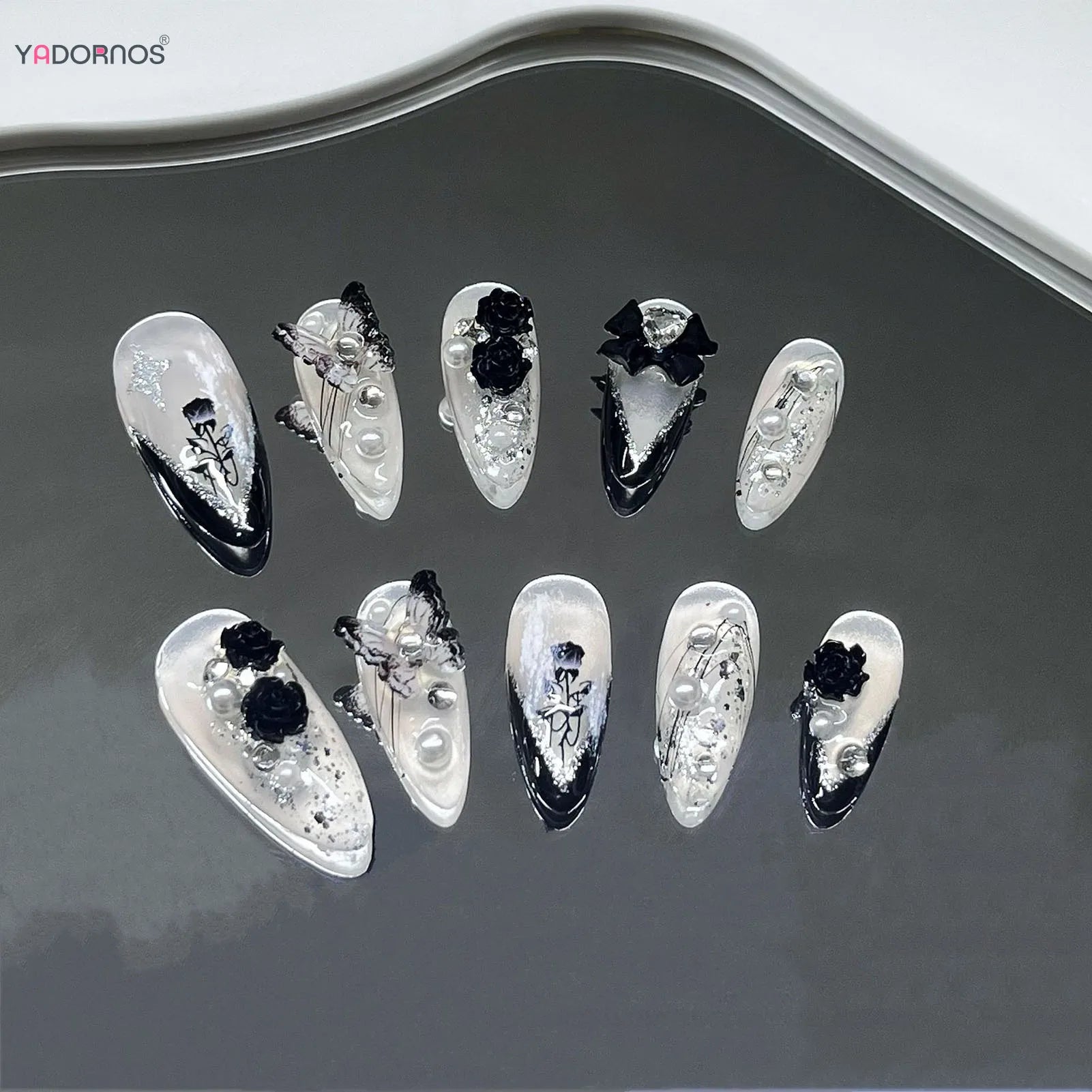 White Ballet Fake Nail Handmade Black French Style Press on Nails Rose Flower Butterfly Bowknot Design Wearable False Nails Tips.