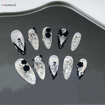 White Ballet Fake Nail Handmade Black French Style Press on Nails Rose Flower Butterfly Bowknot Design Wearable False Nails Tips.