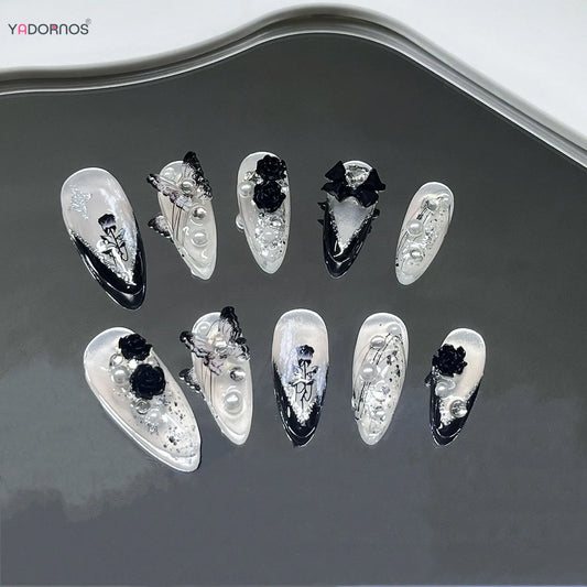 White Ballet Fake Nail Handmade Black French Style Press on Nails Rose Flower Butterfly Bowknot Design Wearable False Nails Tips.