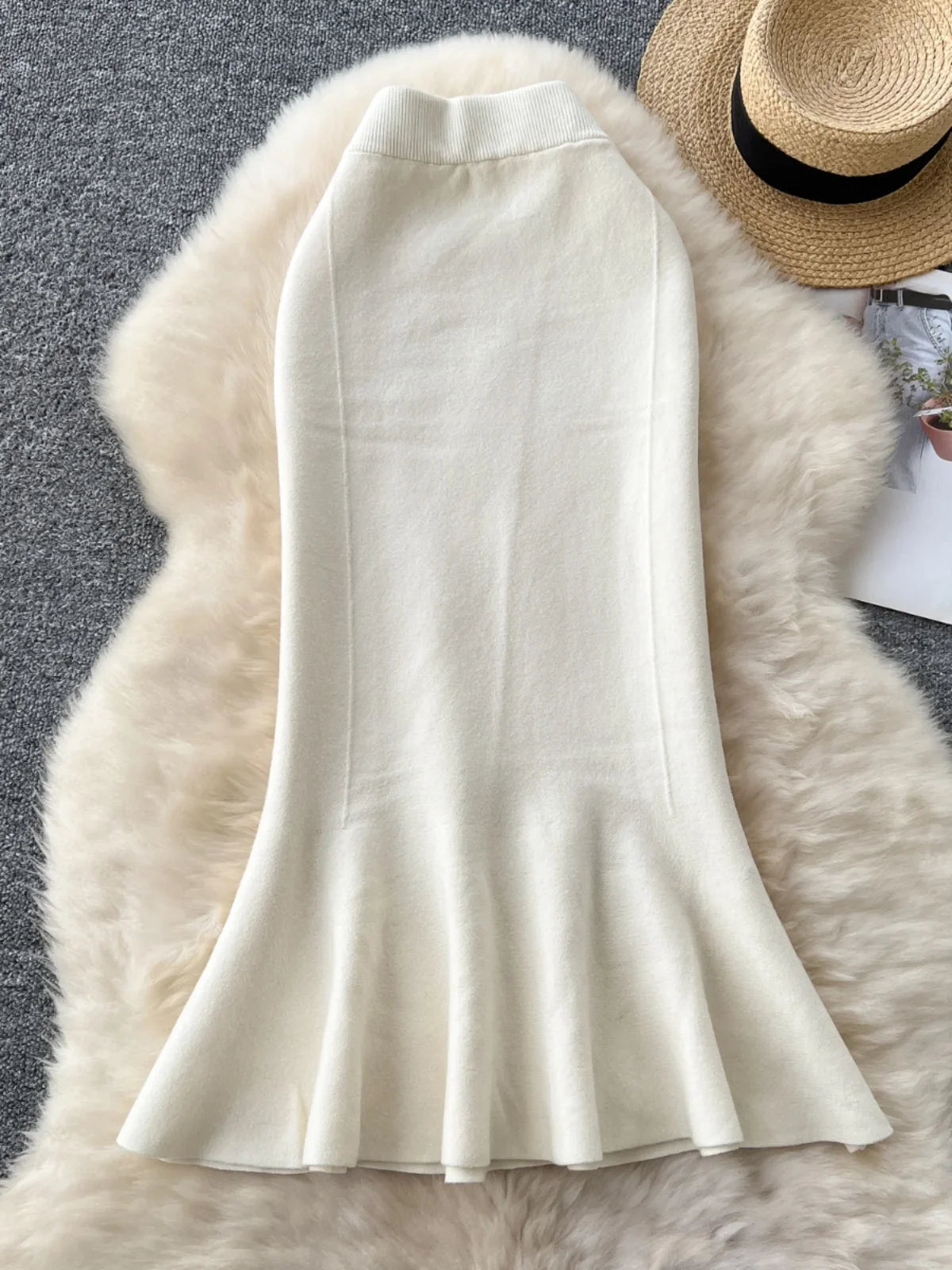 High Waisted Vintage Knitted Skirt Women Ruffled Slit Fishtail Office Midi Skirts Autumn Winter Woolen Skirt.