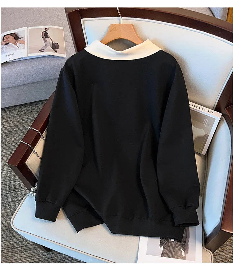 175kg plus size Damen büste Frühling Herbst loser Polo kragen Kaninchen besticktes Sweatshirt schwarz weiß 5xl 6xl 7xl 8xl 9xl