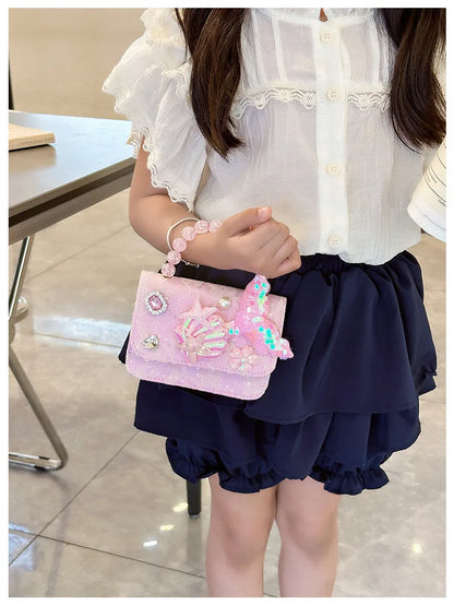 Lovely Sequin Girls Square Shoulder Bag Fish Tail Starfish Princess Crossbody Bags Bead Handle Children's Small Handbags Purse.