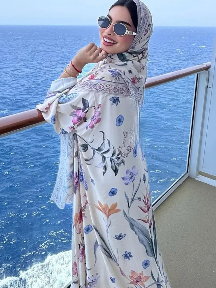 Muslim Women Dubai Abaya Luxury Floral Print Kimono Cardigan Hijab Long Dress Kaftan Ramadan Robe Femme Islam Clothing Kebaya.