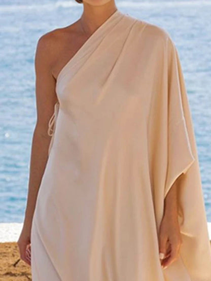 Yeezzi 2025, elegantes One-Shoulder-langes Kleid für Damen, Robe, Fledermausärmel, locker, einfarbig, Urlaub, Strand, Sommerkleid, Maxikleider.