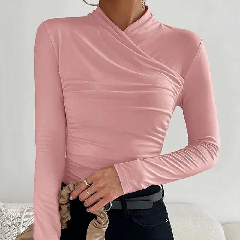 Sexy Elegant Fall Winter Long Sleeve Cross Pleated Pullover Women's Modal Solid Color Irregular Tops Street Daily Versatile Tees.