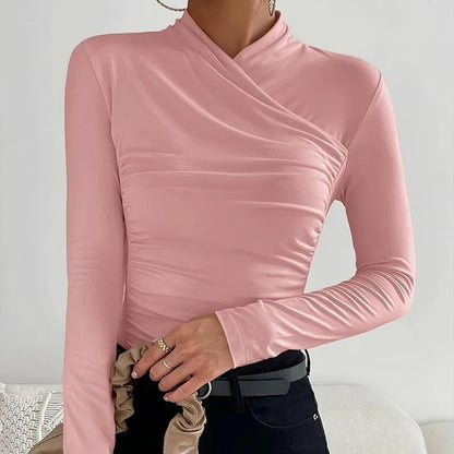 Sexy Elegant Fall Winter Long Sleeve Cross Pleated Pullover Women's Modal Solid Color Irregular Tops Street Daily Versatile Tees.
