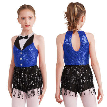Kind Mädchen Ärmellose Glänzende Pailletten Quaste Boyshorts Kleid Latin Jazz Dance Cha-cha Samba Bühne Leistung Kostüm Dancewear