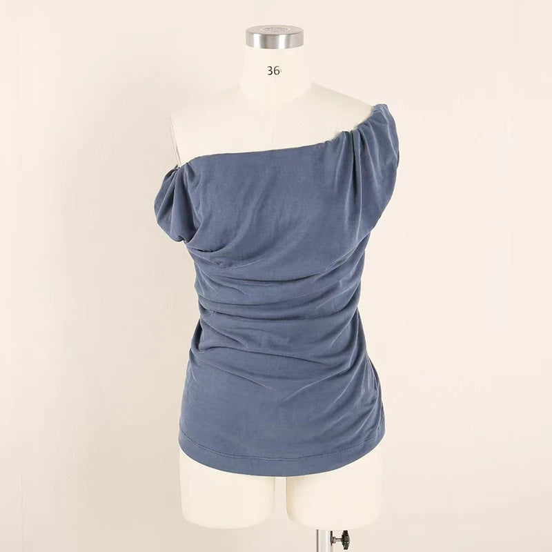 Women's Slim Top,Pleated Stretch One Shoulder Tank Top,Sexy Backless Swing Neck T-Shirt,High quality,Summer,New,2025.