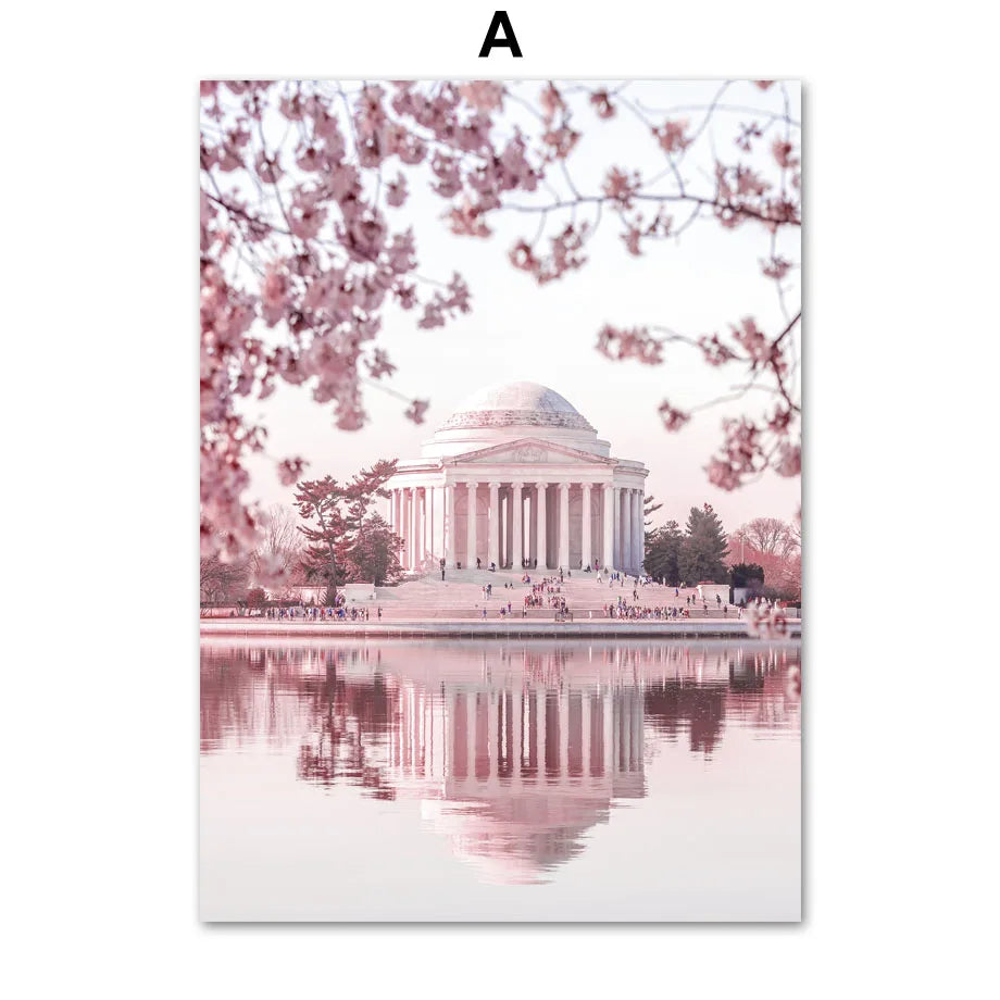 Pink Cherry Blossom Tulip Bicycle Flower Nordic Posters Ferris Wheel Wall Art Print Canvas Painting Living Room Home Decoration