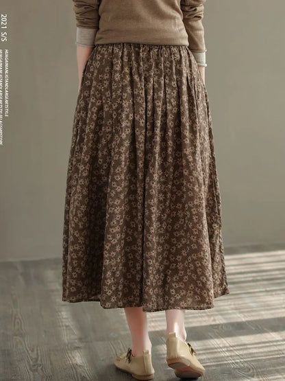 Women Casual Skirts New Arrival 2023 Autumn Vintage Style Floral Print Loose Comfortable Ladies Elegant A-line Long Skirt D536.