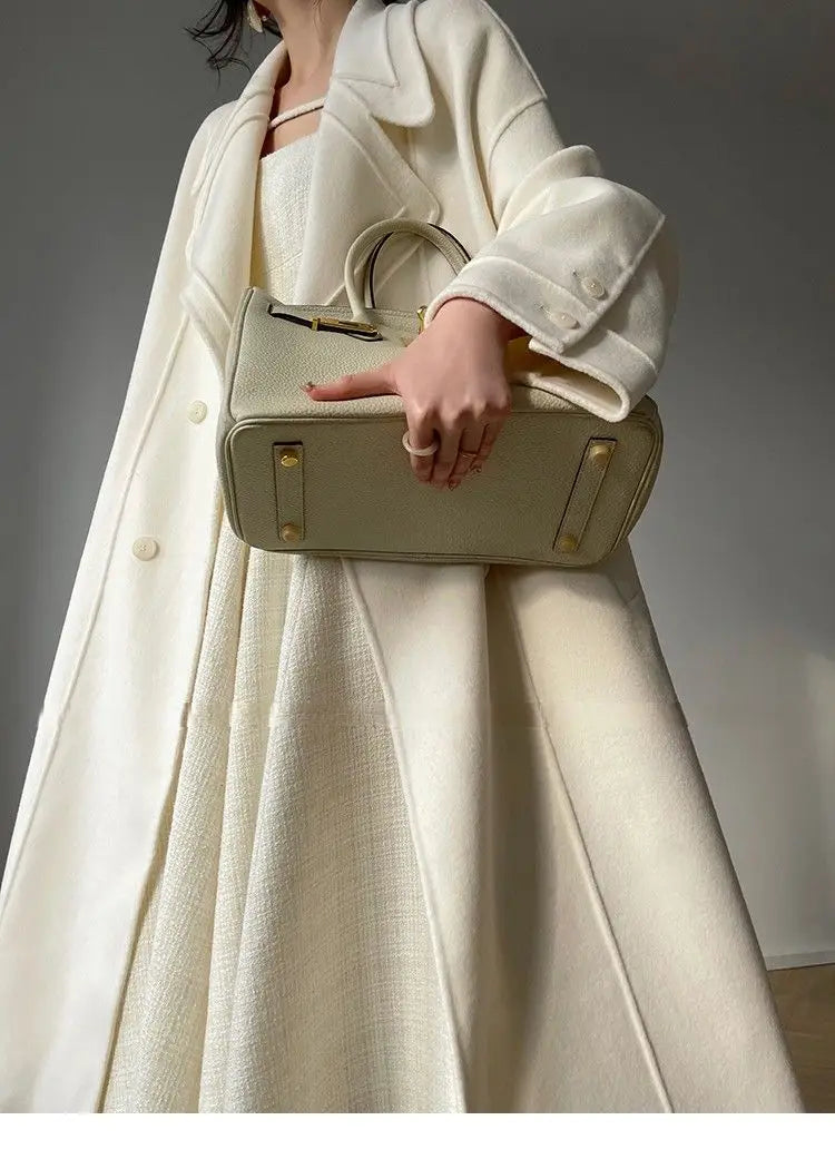 Weißer Mantel im französischen Stil, High-End-Temperament, Herbst-Winter, langer Wollmantel, 2025, neuer Damen-Wollmantel, modische lose Oberbekleidung.