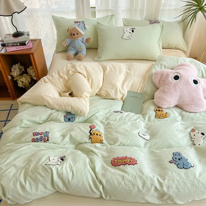 New washed cotton towel embroidery four-piece set animal paradise bed sheet bed hat home student dormitory three-piece set