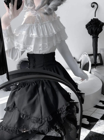 Japanese Mine Lolita Bow Shirt Subcultural Shirts Female Cute Black and White Lace Long-sleeved Short-sleeved Blouse Women.