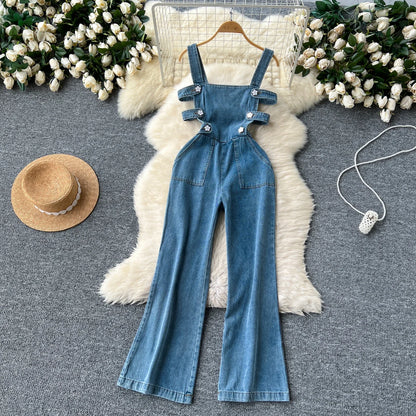 Jumpsuits Women Denim Suspender Jeans One Piece Wide Leg Pants Washed Mom Distressed Pockets Trousers Summer 2025 Streetwear.