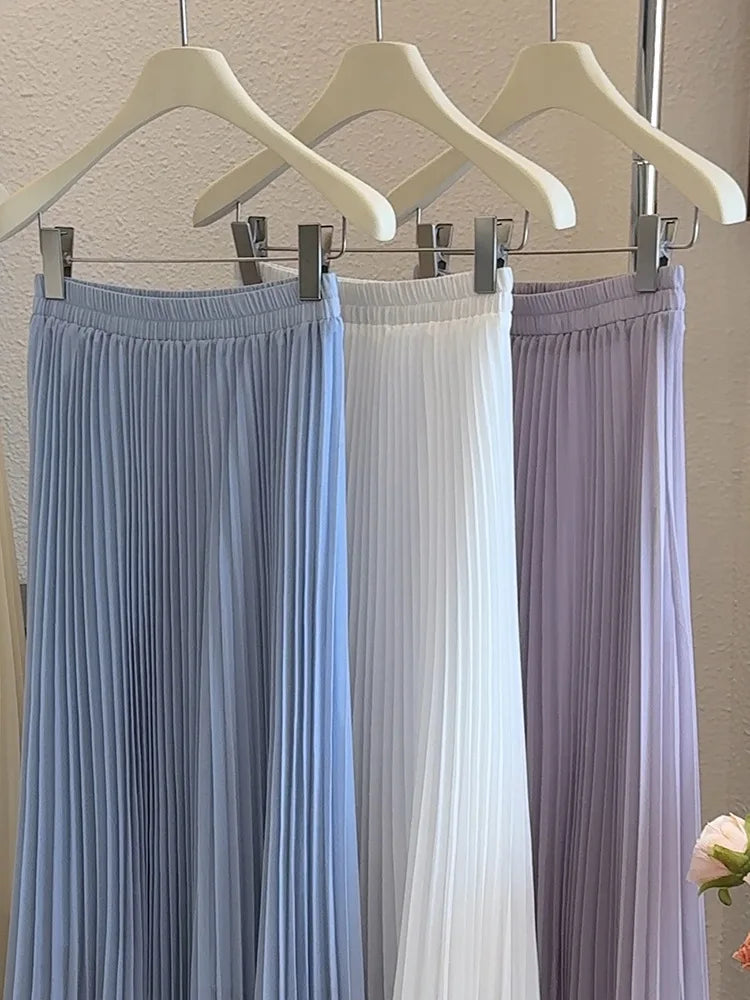 Women's Summer Elegant Pleated Elastic Waist Chiffon Long Skirt Lady High Waist A Line Streetwear Solid Color Skirt.