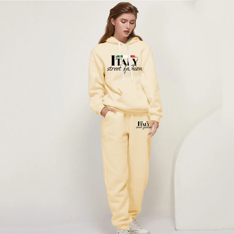 Womens Pants Suit Print Casual Hooded Sweatshirt Set Sports Jogging Woman Clothing AutumnWinter Office Home Tracksuit Street y2k.