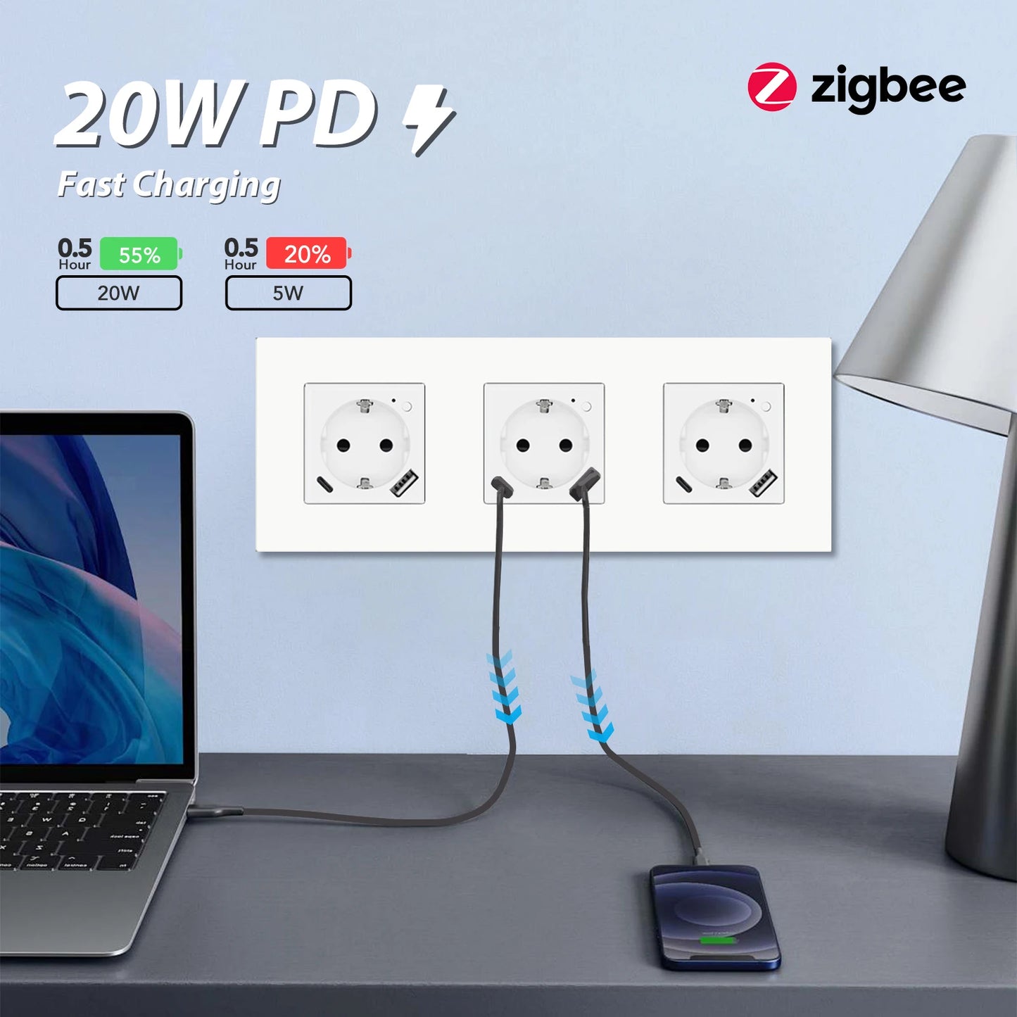 BSEED Zigbee Smart AC Steckdose EU Steckdosen mit USB Typ-c Schnellladeanschlüssen Tuya Smart Life Alexa App Kunststoffrahmen Weiß.