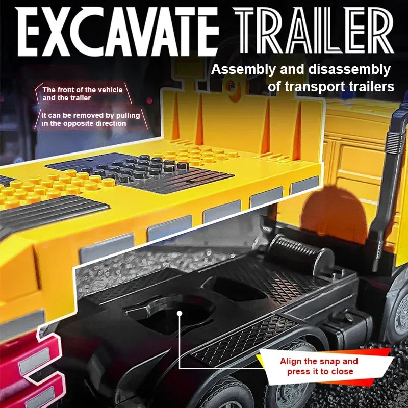2 In 1 Rc Truck Combination Set Trailer Flat Trucks with 11Ch Excavator Engineer Vehicle 2.4G Remote Control Car Christmas Gifts.
