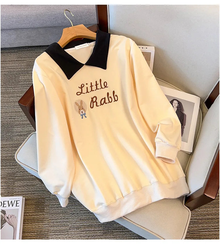 175kg plus size Damen büste Herbst lose Revers Sweatshirt Langarm lässig Top schwarz Aprikose 6xl 7xl 8xl 9xl 10xl 11xl.