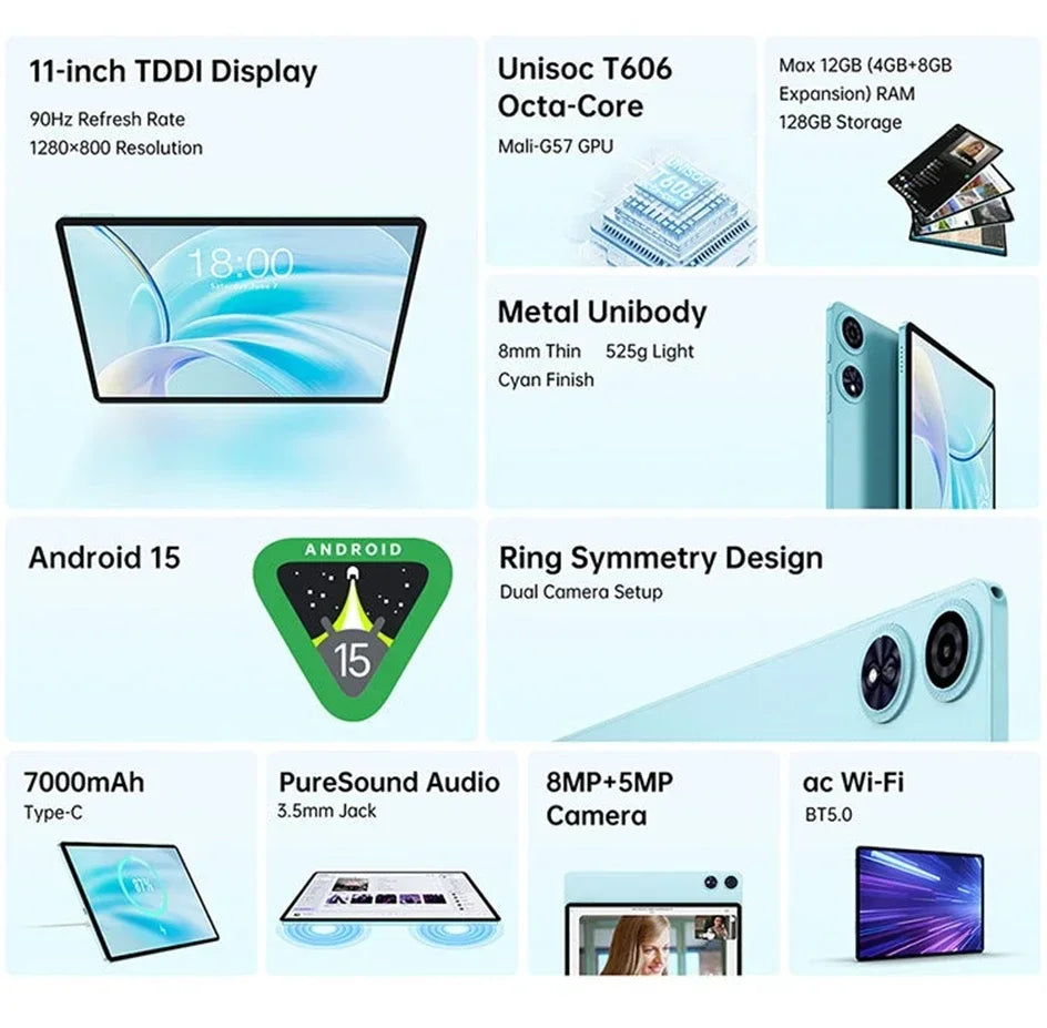 Teclast P50 Case Tablet 11-inch Display Android 15 1280x800 Unisoc T606 Octa-Core CPU 12GB RAM 128GB ROM 7000mAh Battery 8MP+5MP.