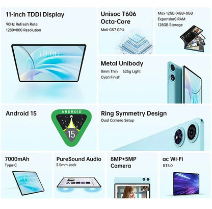 Teclast P50 Case Tablet 11-inch Display Android 15 1280x800 Unisoc T606 Octa-Core CPU 12GB RAM 128GB ROM 7000mAh Battery 8MP+5MP.