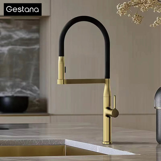 Luxury Brushed Gold Brass Pull Out Kitchen Faucet with Ceramic Cartridge Hot Cold Water Sink Tap Modern High End Sprayer Durable