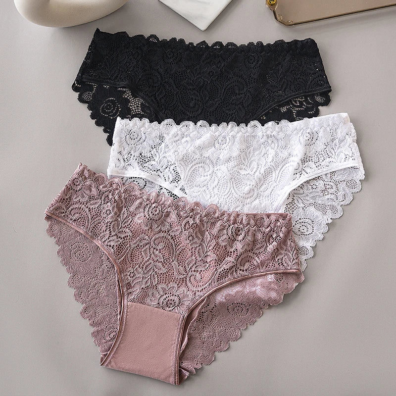 3PCS/Set Luxury Floral Embroidery Lace Panties Women Briefs Sexy Hollow Lingerie Female Underwear Ladies Breathable Underpants.