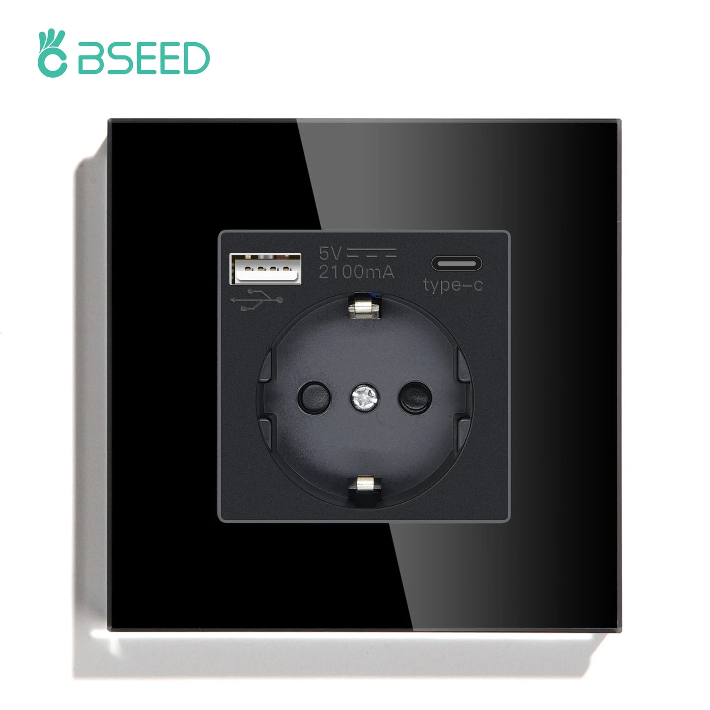 BSEED 1/2/3Gang Touch-Schalter 1-Wege-Lichtschalter mit EU-Steckdosen USB Typ-C-Steckdosen Glasscheibe Schwarz
