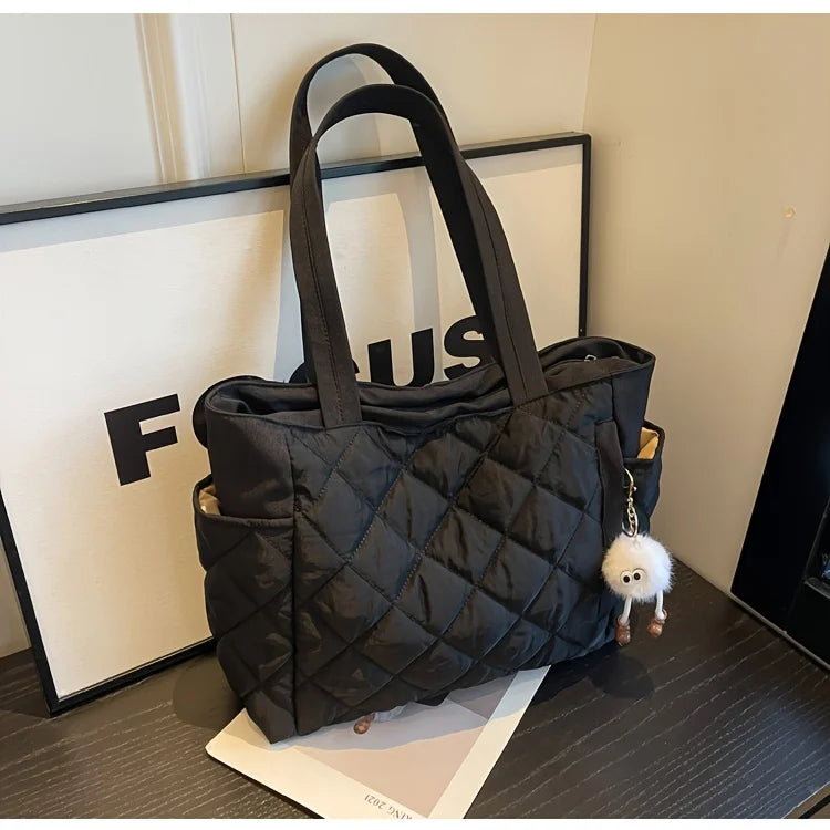 Black Large Capacity Handbag with Square Pattern, Durable Quilted Material, Multiple Pockets for Easy Storage & Cute Plush Charm.