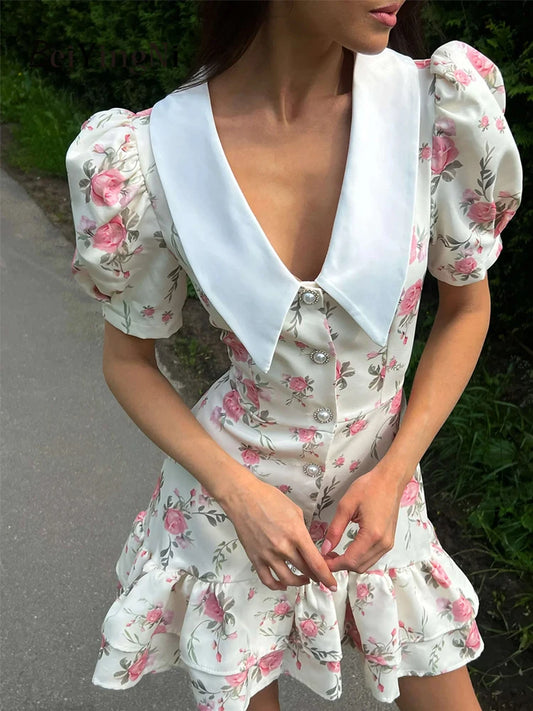 Beiyingni Neue In frauen Kleid Elegante Französisch Mode Schlank Kurzarm Mini Kleider Weibliche Rüschen Tasten V-ausschnitt Kurze Vestido.