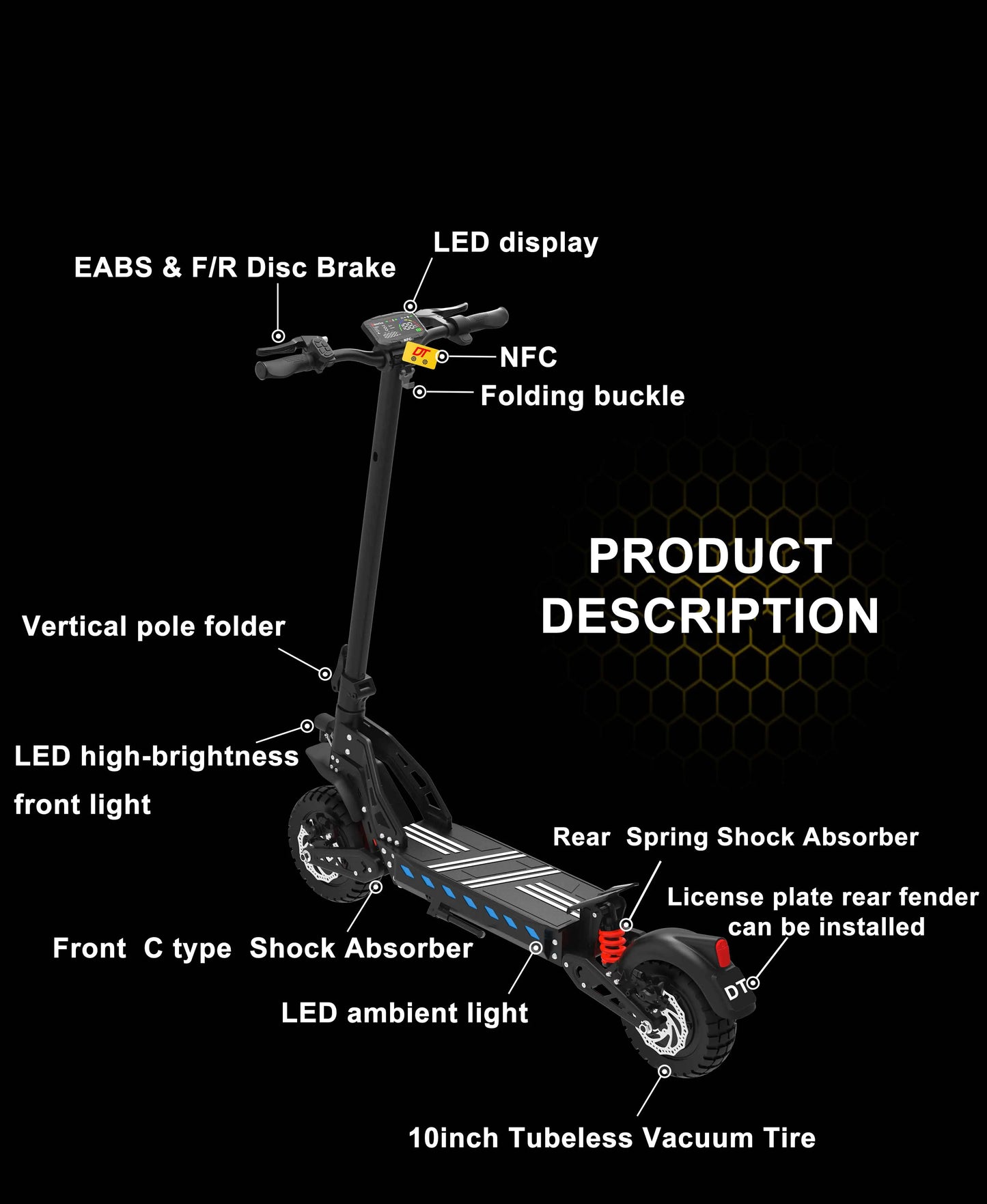DriveTron DT10 Dual Electric E-Scooter 1400*2W Peak Power 48V20.8AH Battery 10‘’ City Tire Adult Electric Scooter