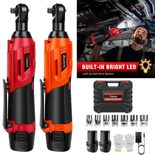 DayPlus 3/8 Zoll kabelloser elektrischer Ratschenschlüssel, 12 V Power-Ratschengerät 200 NM mit 2 x 1500 mAh-Batterien 90 °   Winkelschlüssel, 7 Steckdosen