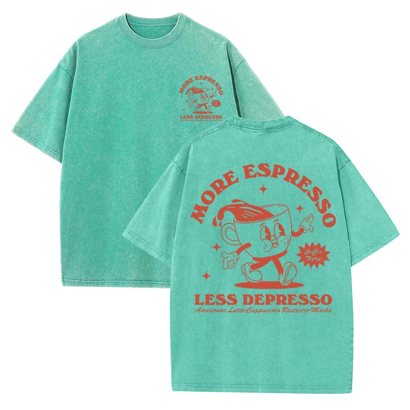 More Espresso Less Depresso Letter Cup Drink Print Washed Womens Tee Shirt Cotton T-Shirts New Breathable Clothes All-Match  Top.