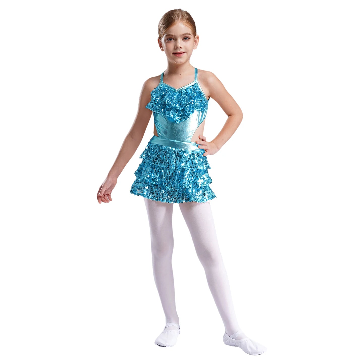 Kinder Mädchen Pailletten Jazz Ballett Tanzkleid Ärmellos Ausschnitt Tiered Rüschen Trikot Salsa Samba Rumba Skating Performance Kostüm.