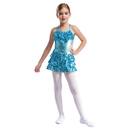 Kinder Mädchen Pailletten Jazz Ballett Tanzkleid Ärmellos Ausschnitt Tiered Rüschen Trikot Salsa Samba Rumba Skating Performance Kostüm.