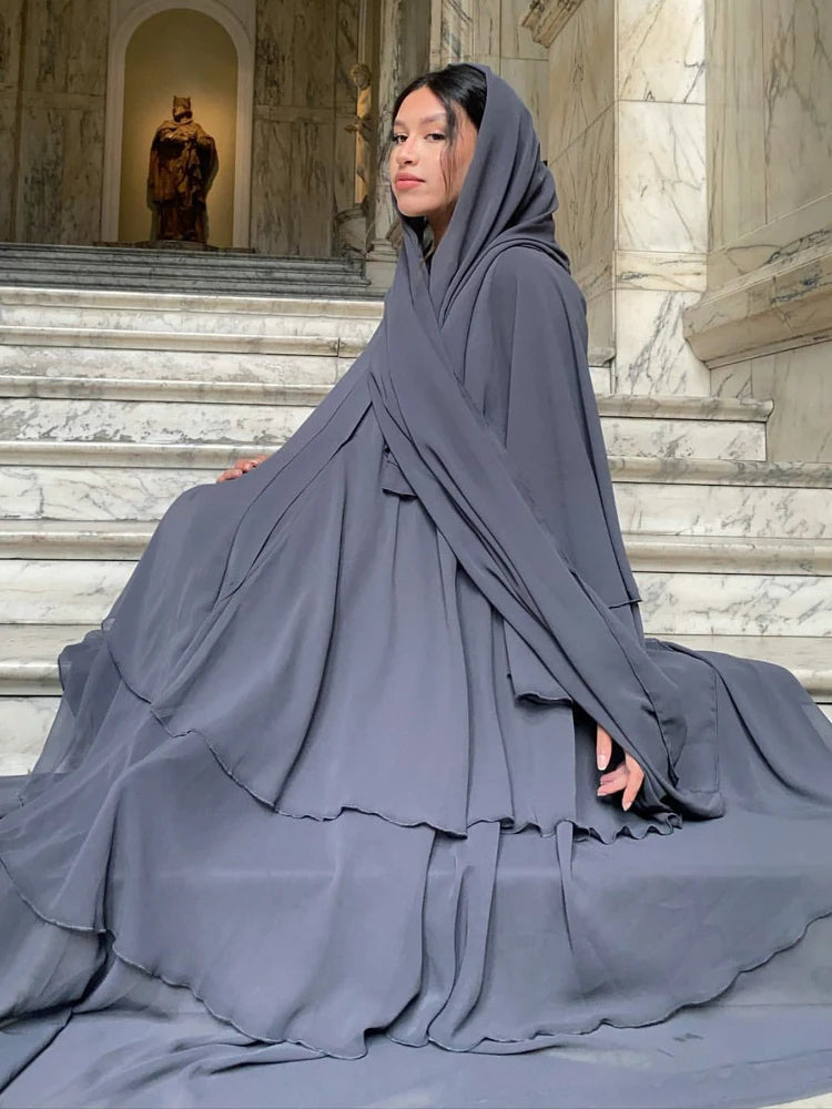Eid Muslim Abaya for Women Chiffon 3 Layers Cake Party Cardigan Robe Jalabiya Dresses Ramadan Morocco Abayas Kaftan Vestidos.