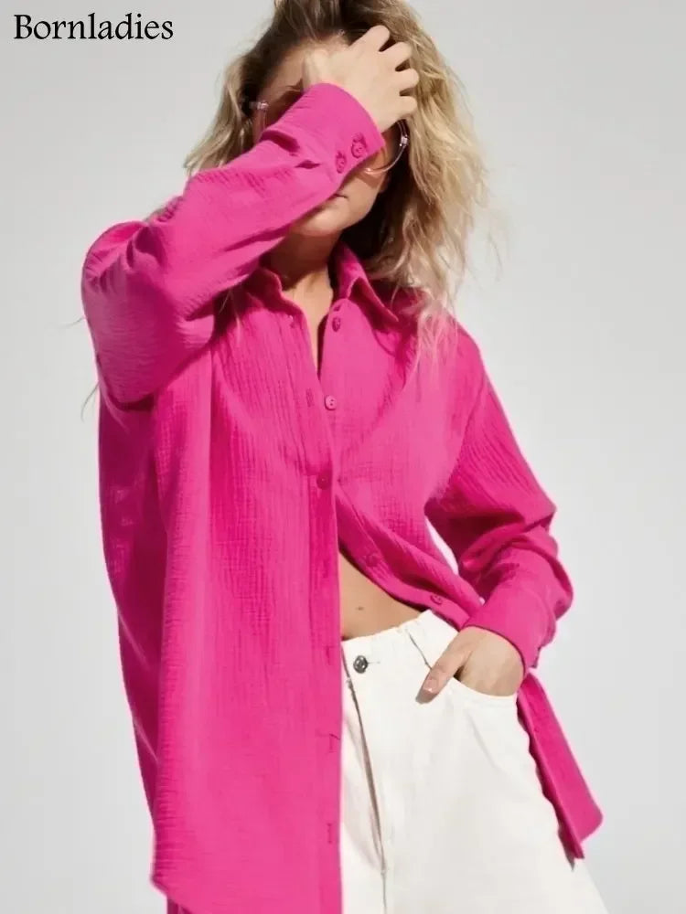 Bornladies 2025 Women's Spring Summer 100% Cotton Shirts Office Lady  Fashionable Solid Lady Long Sleeve Loose Tops Crepe Shirts.